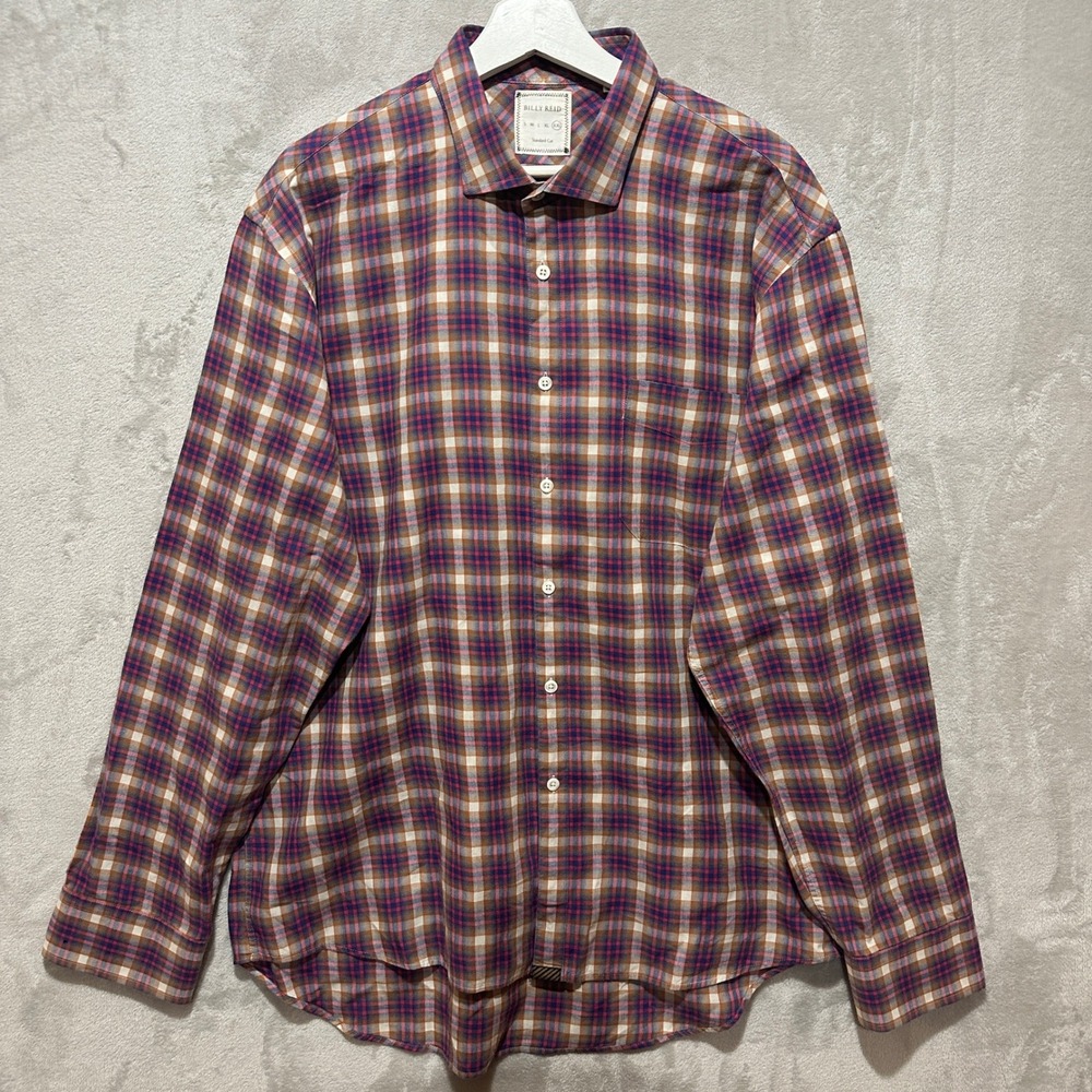 Billy Reid Mens XXL Standard Cut Plaid Button Down Shirt Cotton Purple Brown